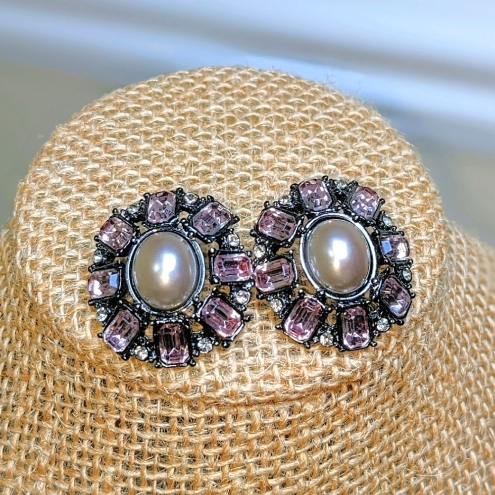 Victorian Pearl & Pink Crystals Stud Pierced Earrings